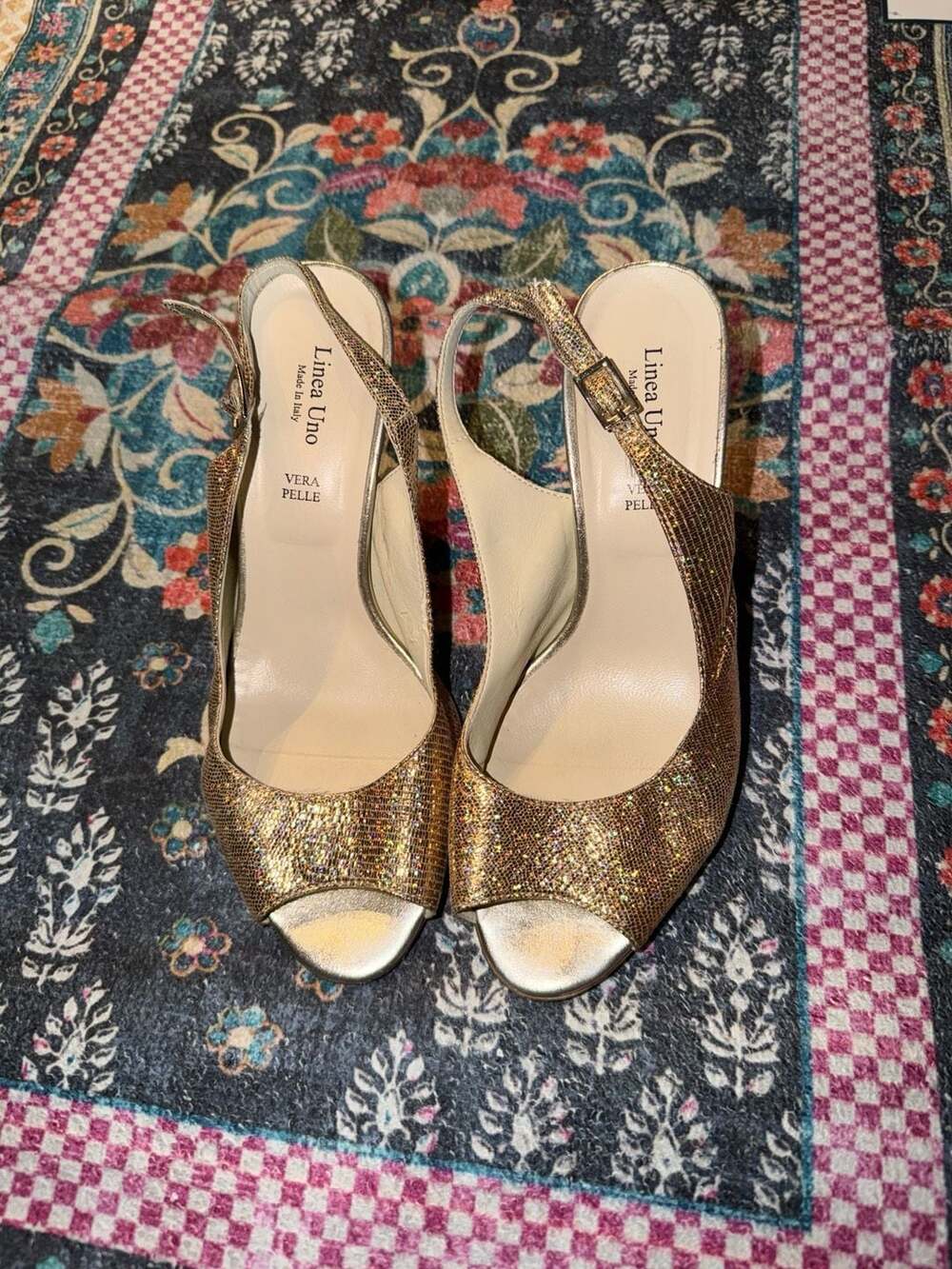 Linea Uno Gold Glitter Peep Toe Slingback Heels Made in Italy